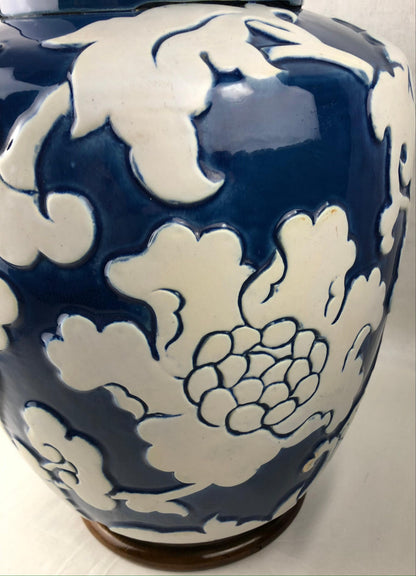 Large Blue and White French Porcelain Table Lamp with High Relief Motifs — detail 11