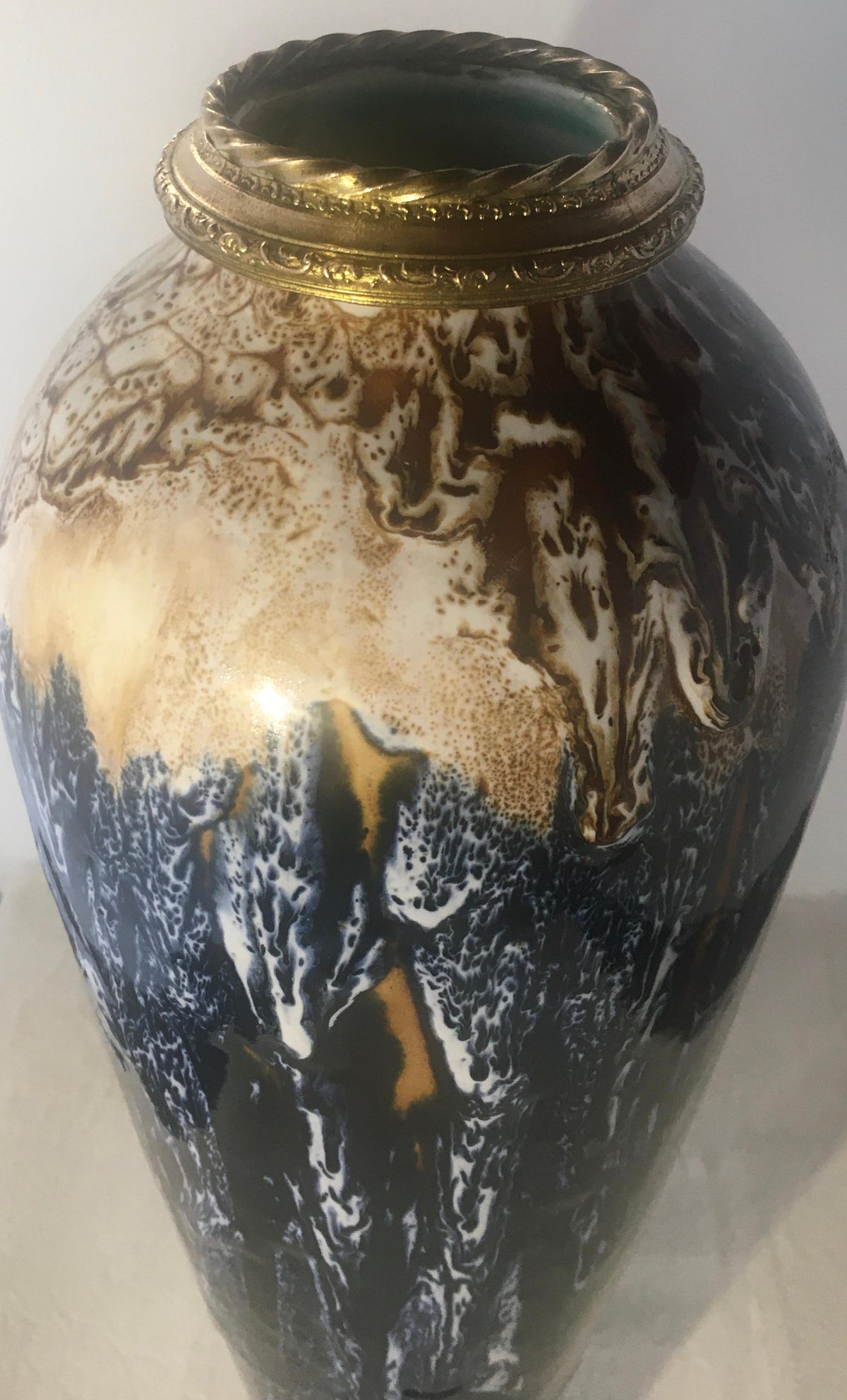Charles Catteau for Boch La Louvière Art Deco Enamel Ceramic Flower Vase, Signed — detail 3