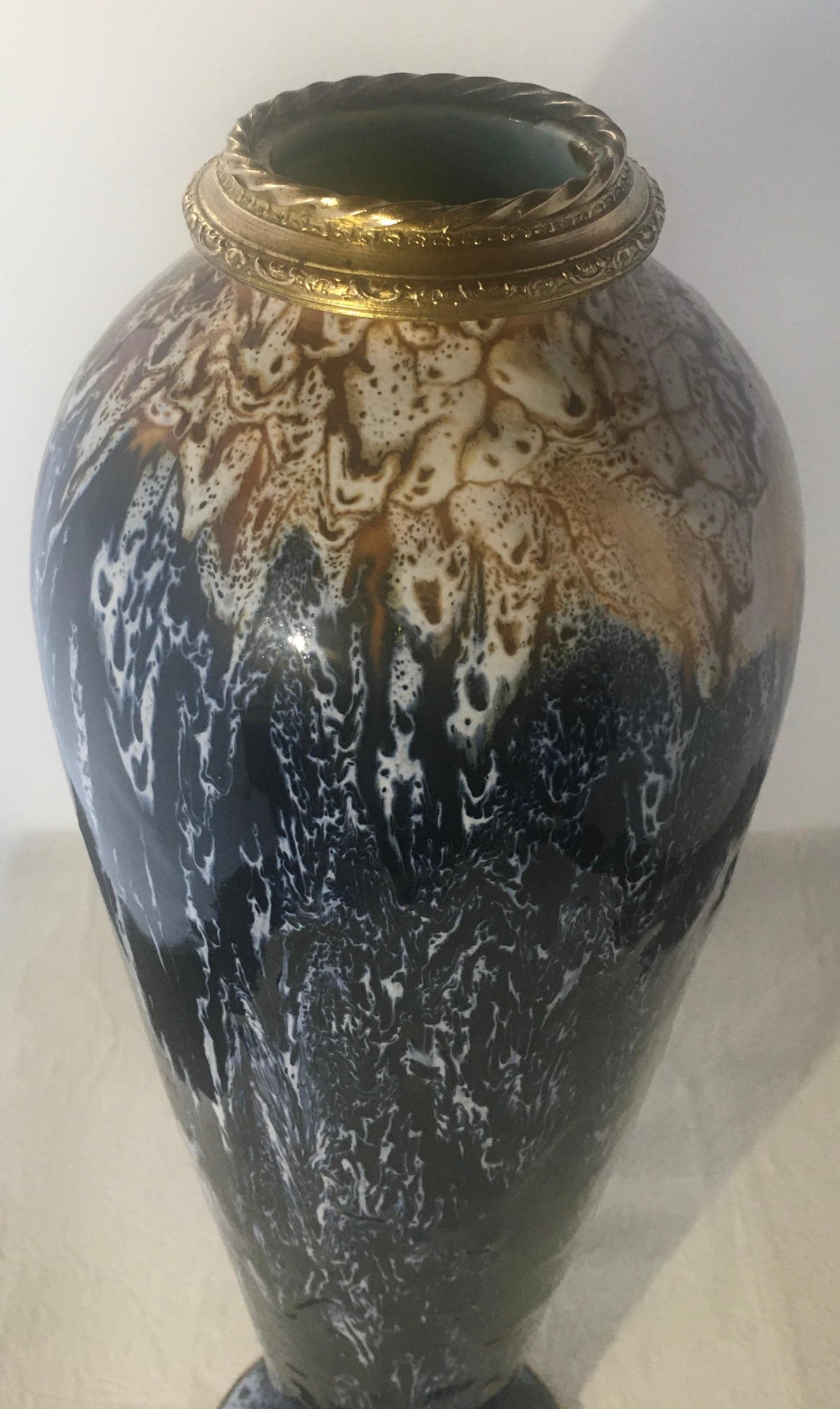 Charles Catteau for Boch La Louvière Art Deco Enamel Ceramic Flower Vase, Signed — detail 10