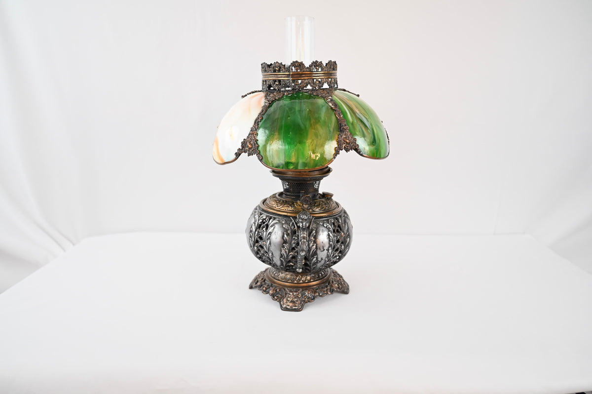 Bradley & Hubbard Victorian Style Oil Lamp with Hand Painted Hurricane Glass — detail 8
