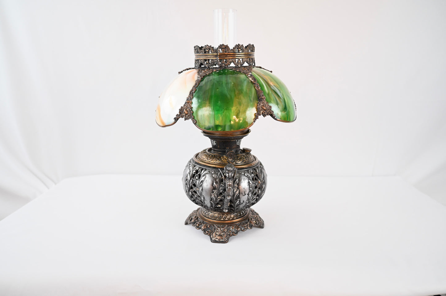 Bradley & Hubbard Victorian Style Oil Lamp with Hand Painted Hurricane Glass — detail 6