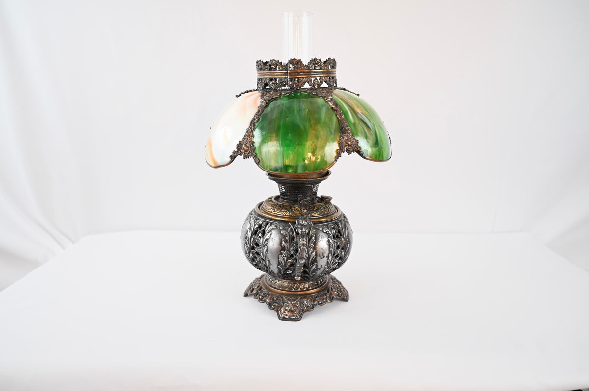 Bradley & Hubbard Victorian Style Oil Lamp with Hand Painted Hurricane Glass — detail 6