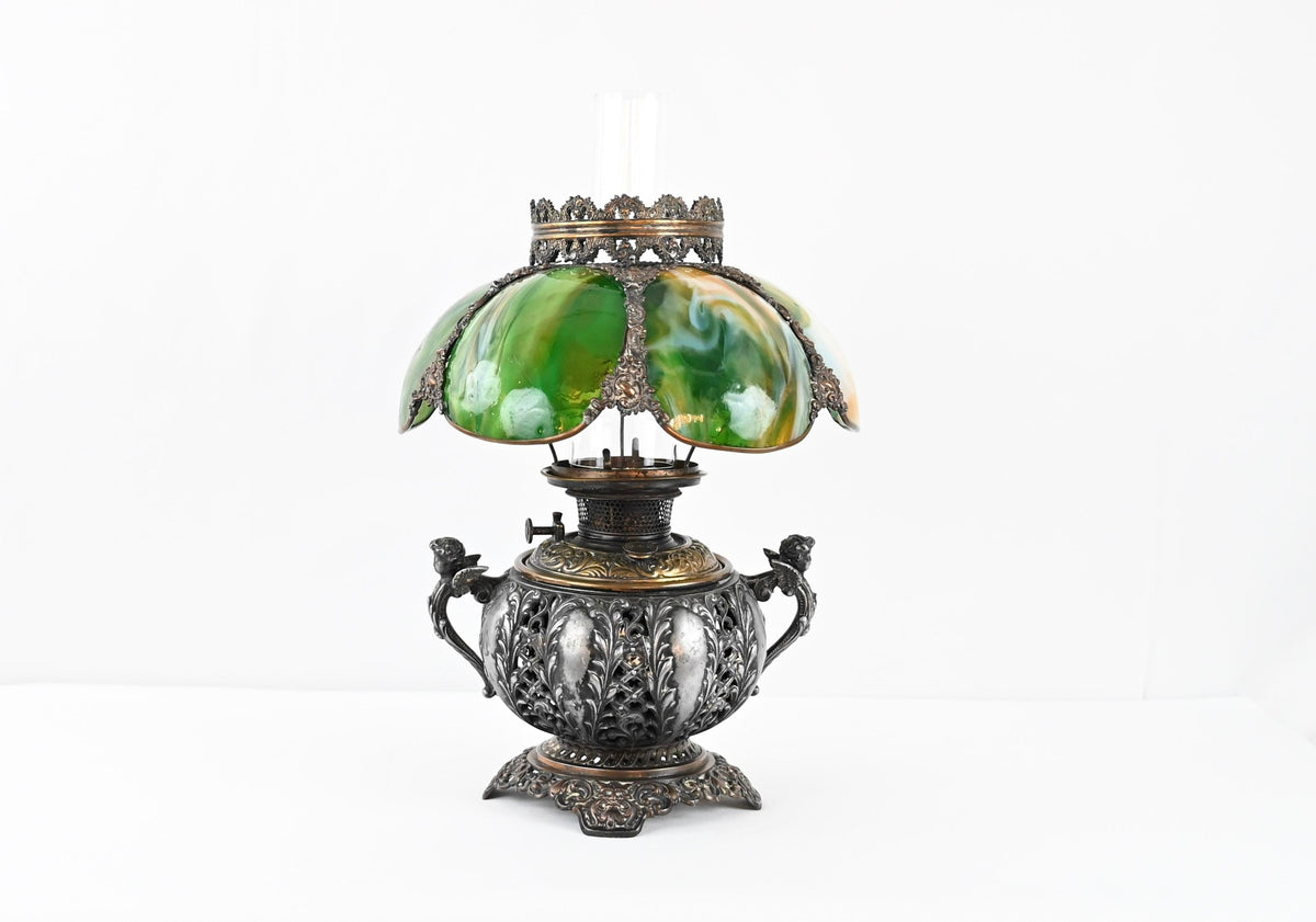 Bradley & Hubbard Victorian Style Oil Lamp with Hand Painted Hurricane Glass — detail 2