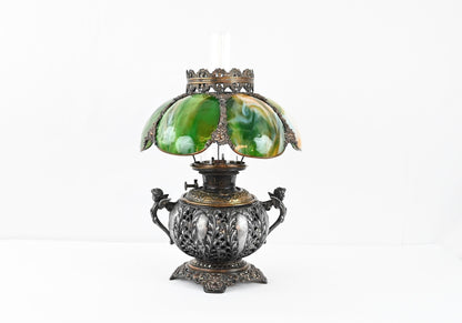 Bradley & Hubbard Victorian Style Oil Lamp with Hand Painted Hurricane Glass — detail 2