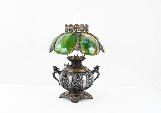 Bradley & Hubbard Victorian Style Oil Lamp with Hand Painted Hurricane Glass — detail 2