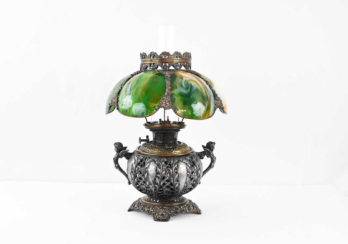 Bradley & Hubbard Victorian Style Oil Lamp with Hand Painted Hurricane Glass — detail 7