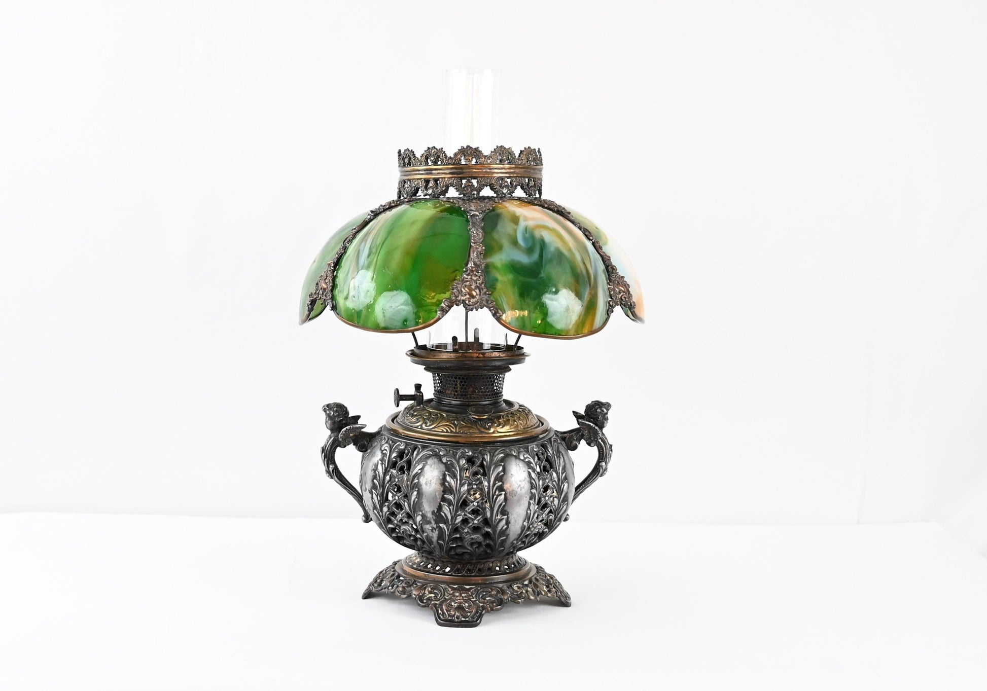Bradley & Hubbard Victorian Style Oil Lamp with Hand Painted Hurricane Glass — detail 7