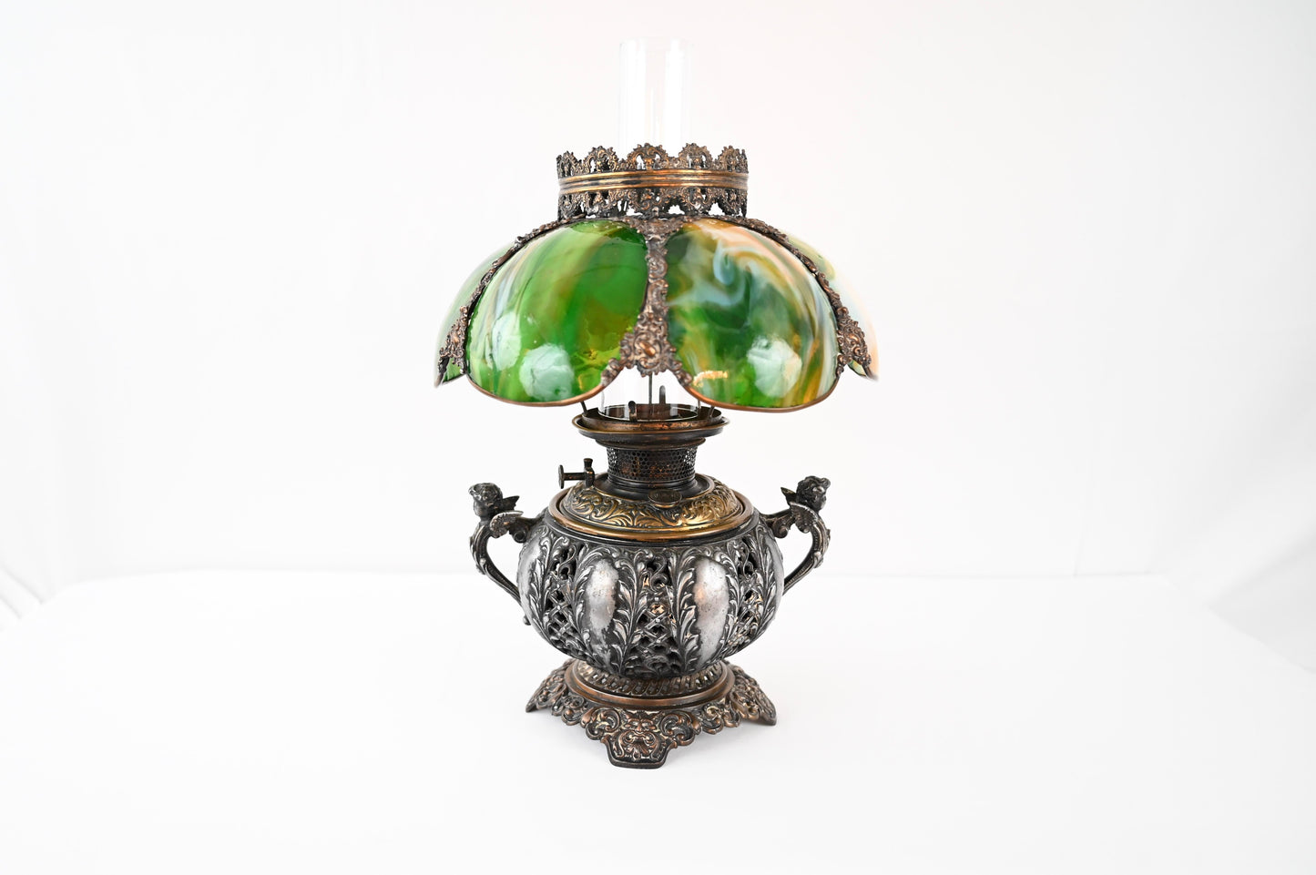 Bradley & Hubbard Victorian Style Oil Lamp with Hand Painted Hurricane Glass — detail 9