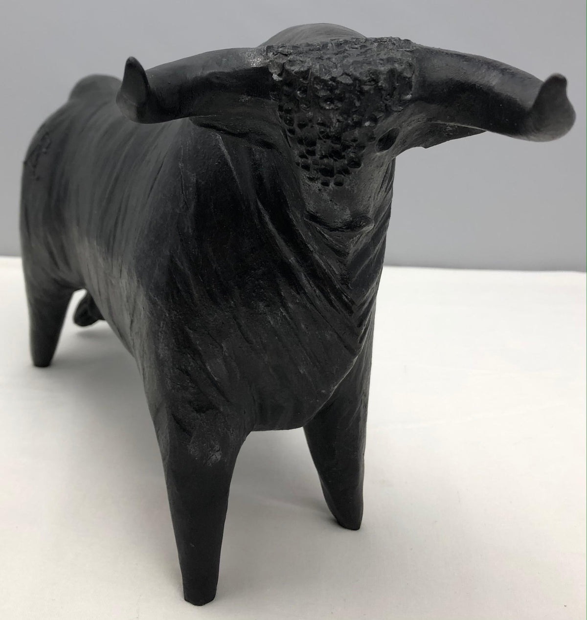 French Mid-Century Carved Earthenware Bull Sculpture Signed Tali, 1970s — detail 4