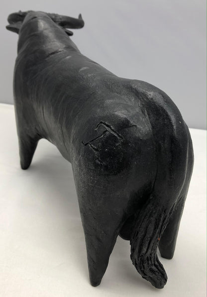 French Mid-Century Carved Earthenware Bull Sculpture Signed Tali, 1970s — detail 7