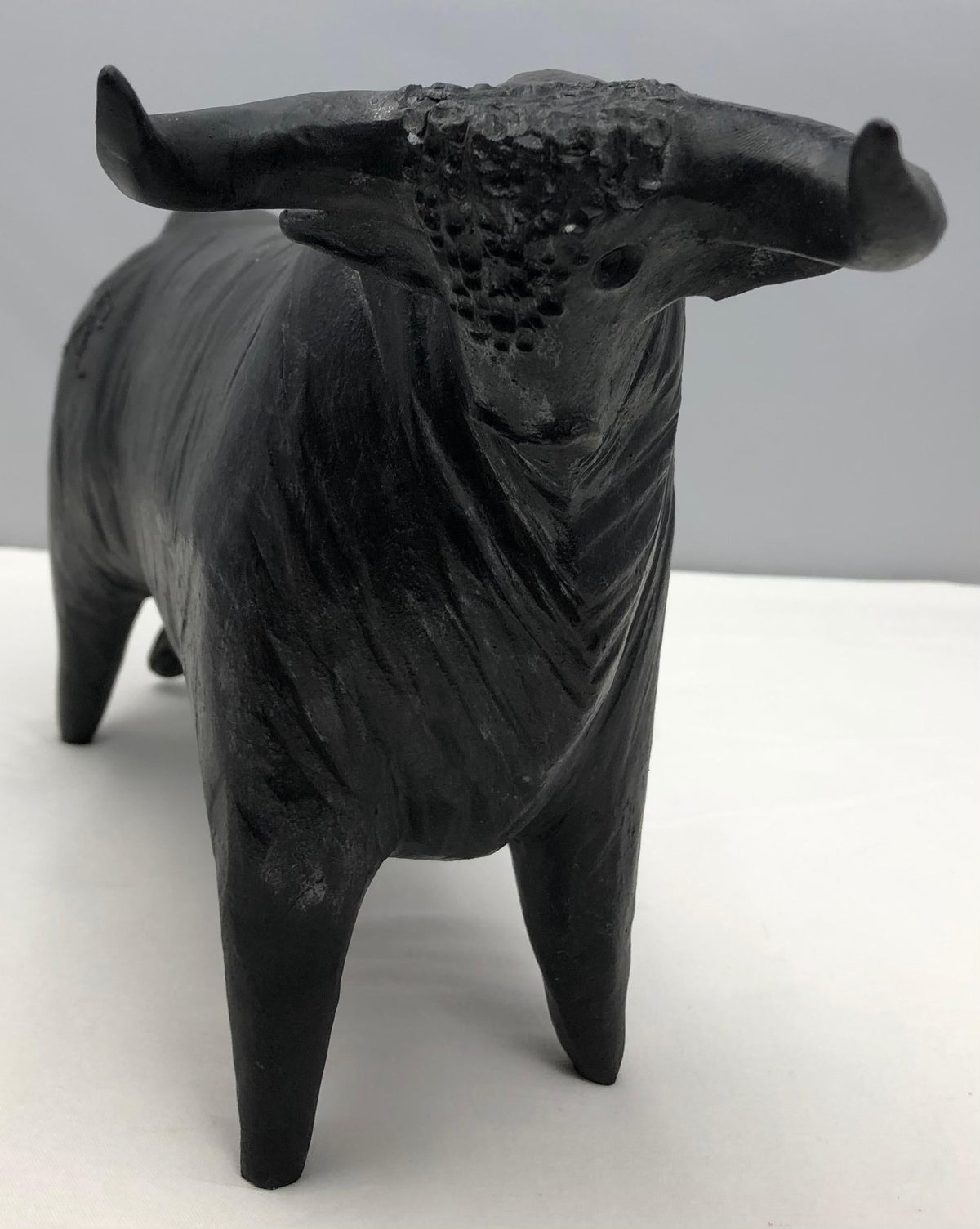 French Mid-Century Carved Earthenware Bull Sculpture Signed Tali, 1970s — detail 3