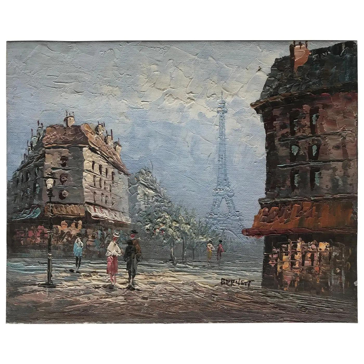 Oil Painting Eiffel Tower Paris attrib. to Caroline Burnett, Paris Cityscape — detail 3