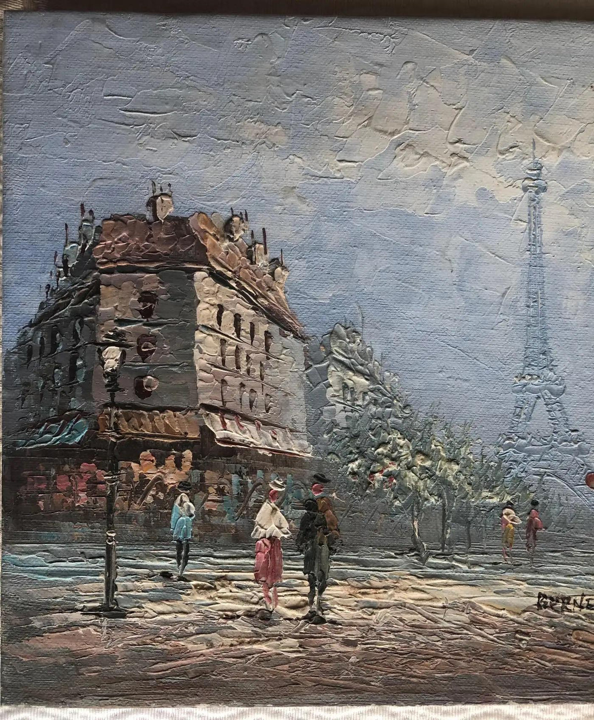 Oil Painting Eiffel Tower Paris attrib. to Caroline Burnett, Paris Cityscape — detail 5