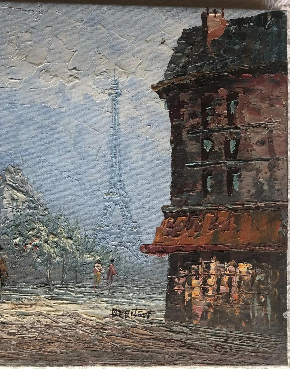 Oil Painting Eiffel Tower Paris attrib. to Caroline Burnett, Paris Cityscape — detail 2