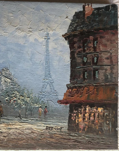 Oil Painting Eiffel Tower Paris attrib. to Caroline Burnett, Paris Cityscape — detail 2