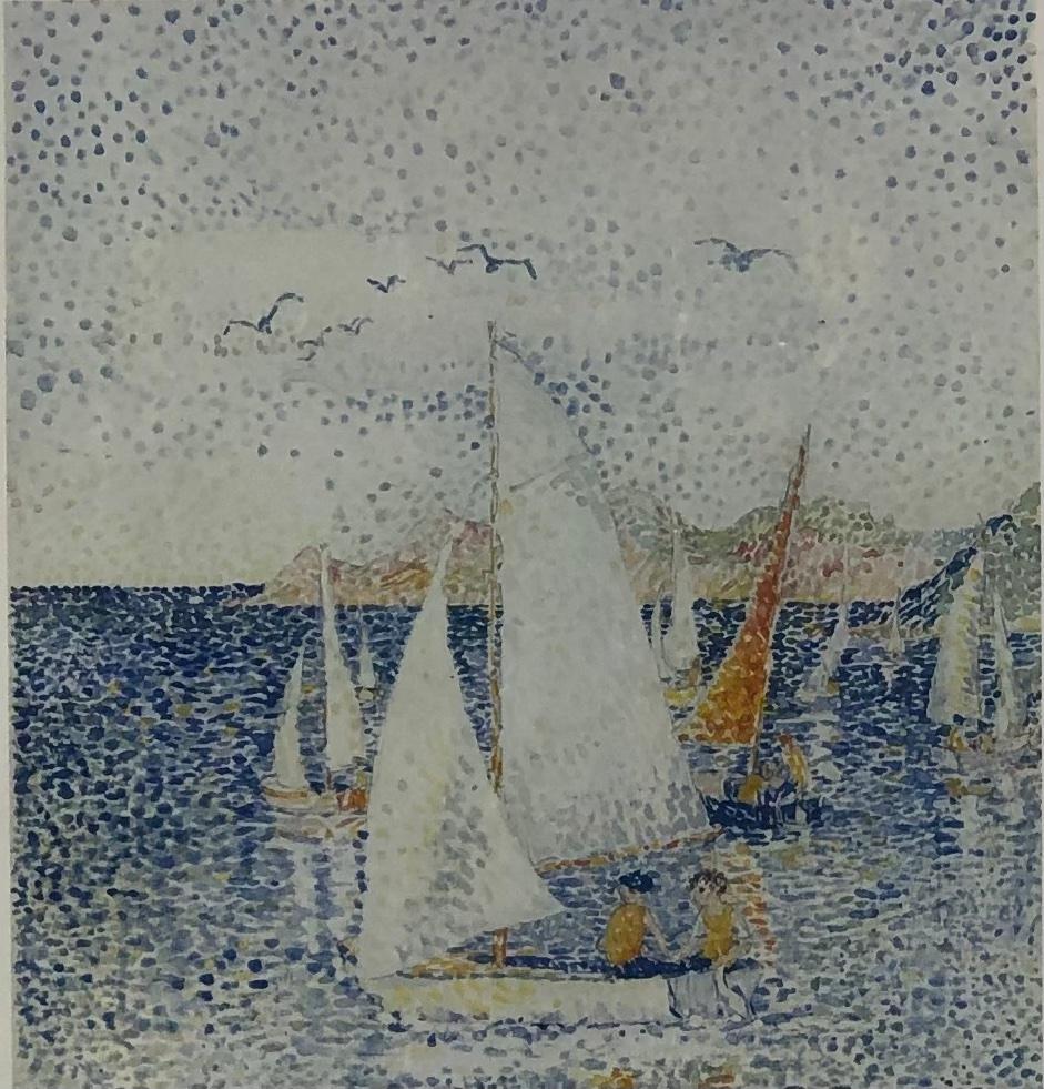 Original Seascape Lithograph by Yvonne Canu, Pointillism Style — detail 2