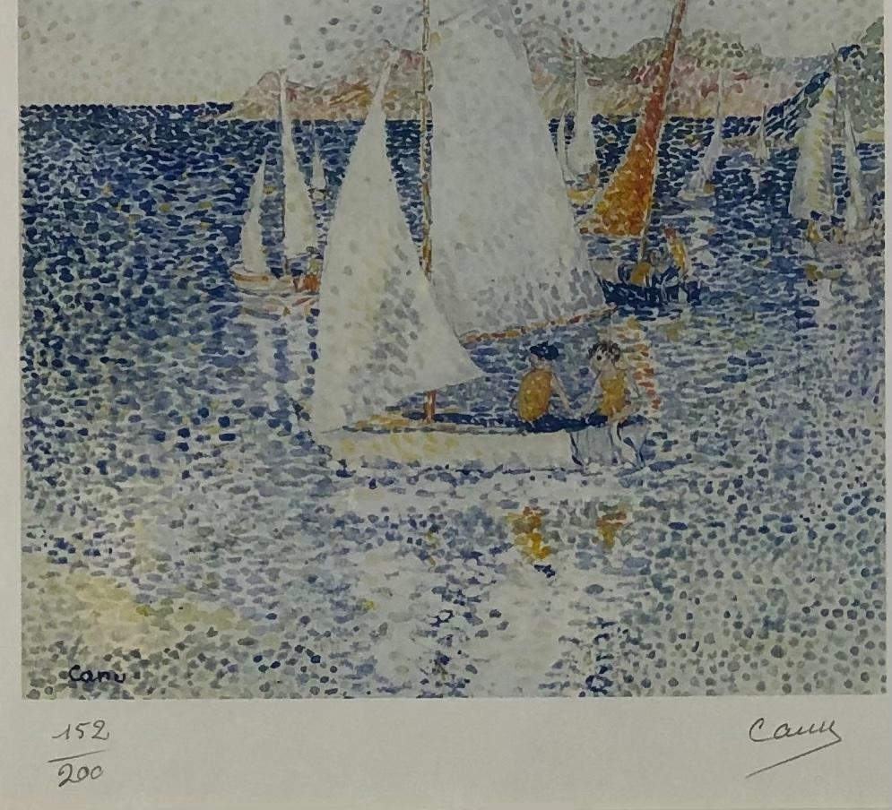 Original Seascape Lithograph by Yvonne Canu, Pointillism Style — detail 3