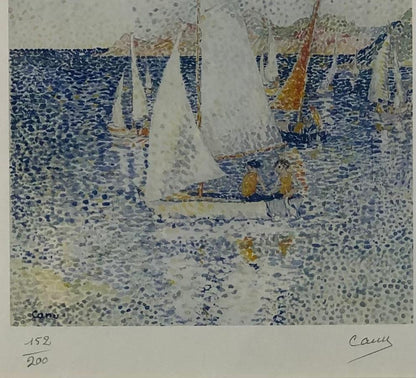 Original Seascape Lithograph by Yvonne Canu, Pointillism Style — detail 3