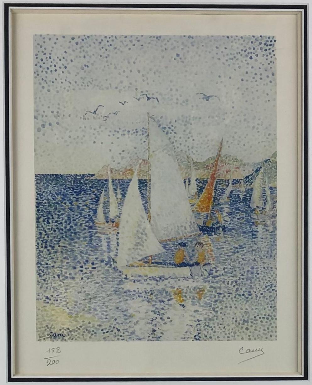 Original Seascape Lithograph by Yvonne Canu, Pointillism Style — detail 4