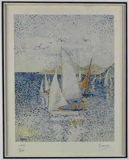 Original Seascape Lithograph by Yvonne Canu, Pointillism Style — detail 4