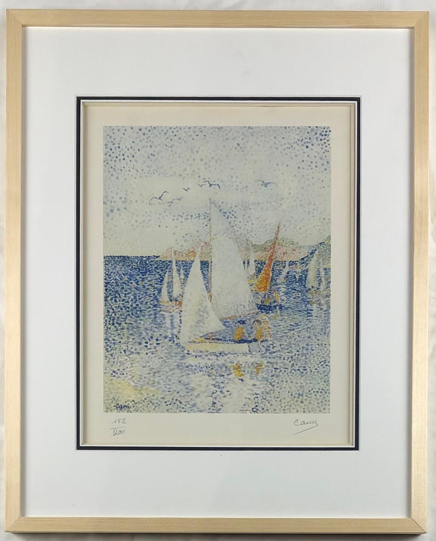 Original Seascape Lithograph by Yvonne Canu, Pointillism Style — detail 5