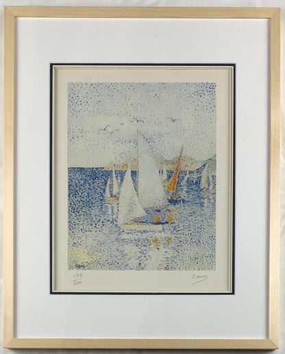 Original Seascape Lithograph by Yvonne Canu, Pointillism Style — detail 5
