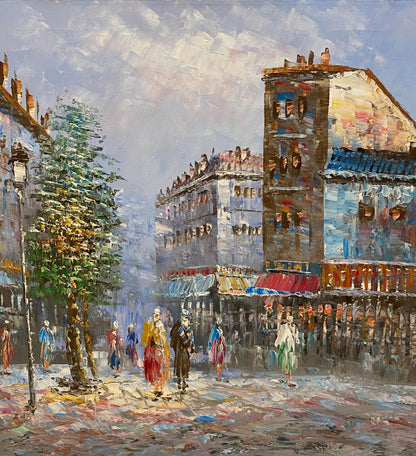 Paris France Street Scene Oil on Canvas Painting, Signed Burnett — detail 3