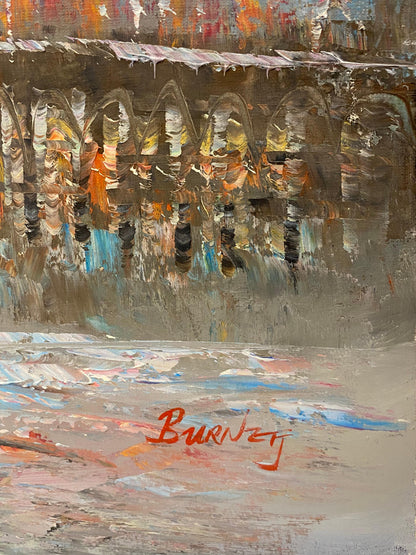 Paris France Street Scene Oil on Canvas Painting, Signed Burnett — detail 4