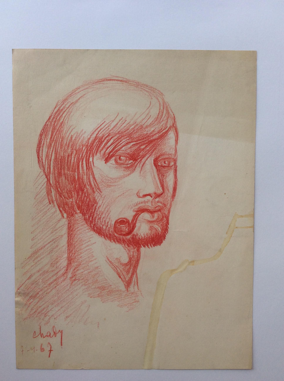 Midcentury Original Portrait Drawing Signed Chady Dated 1967 — detail 3