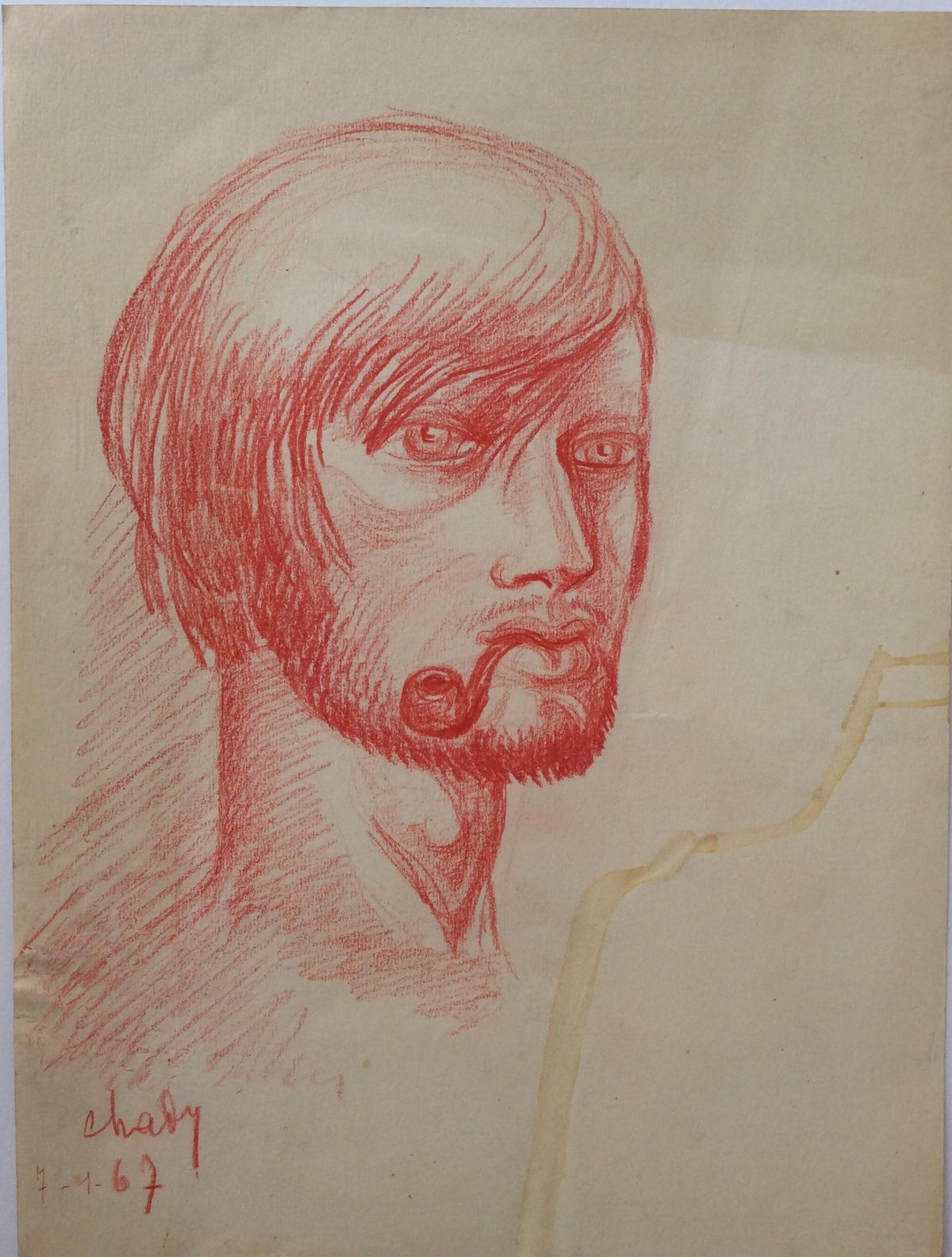 Midcentury Original Portrait Drawing Signed Chady Dated 1967 — detail 4