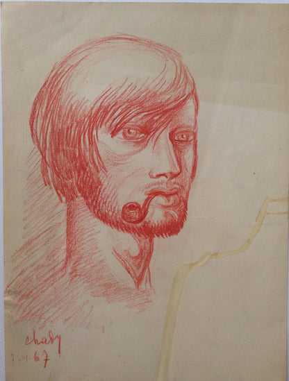 Midcentury Original Portrait Drawing Signed Chady Dated 1967 — detail 4