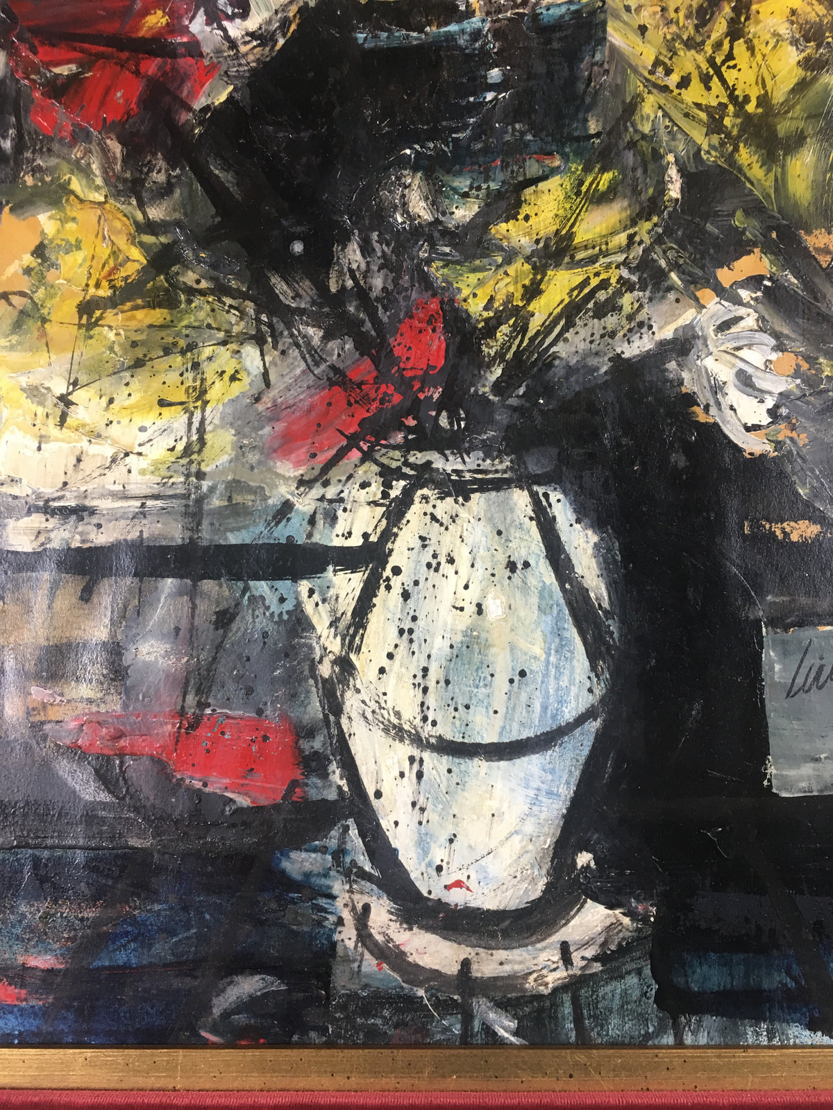 Charles Levier Bouquet of Flowers Oil Painting in the Manner of Bernard Buffet — detail 4
