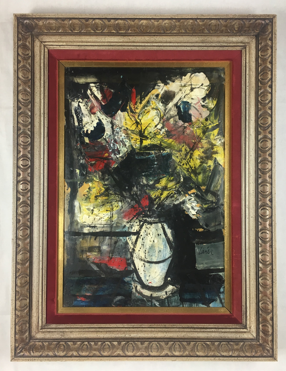 Charles Levier Bouquet of Flowers Oil Painting in the Manner of Bernard Buffet