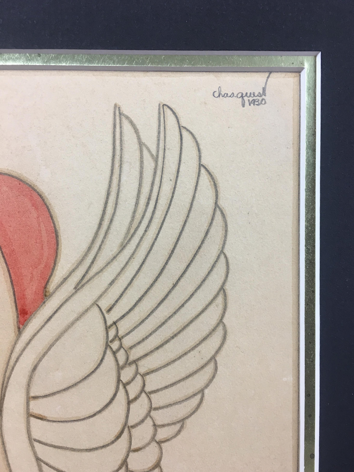 French Art Deco Painting Exotic Woman Holding a Dove Signed Chasquest Dated 1930 — detail 6