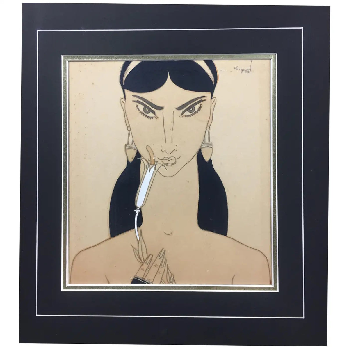 French Art Deco Watercolor of an Exotic Woman with Flower, Signed Chasquest, circa 1930 — detail 7