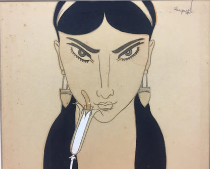French Art Deco Watercolor of an Exotic Woman with Flower, Signed Chasquest, circa 1930 — detail 6