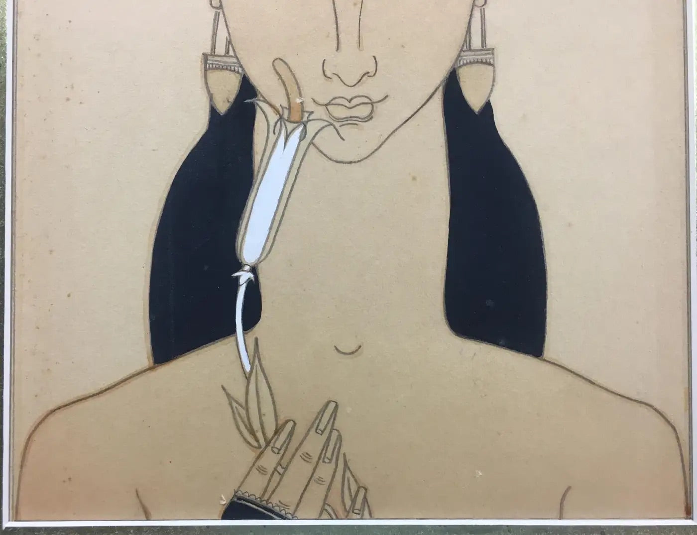 French Art Deco Watercolor of an Exotic Woman with Flower, Signed Chasquest, circa 1930 — detail 4