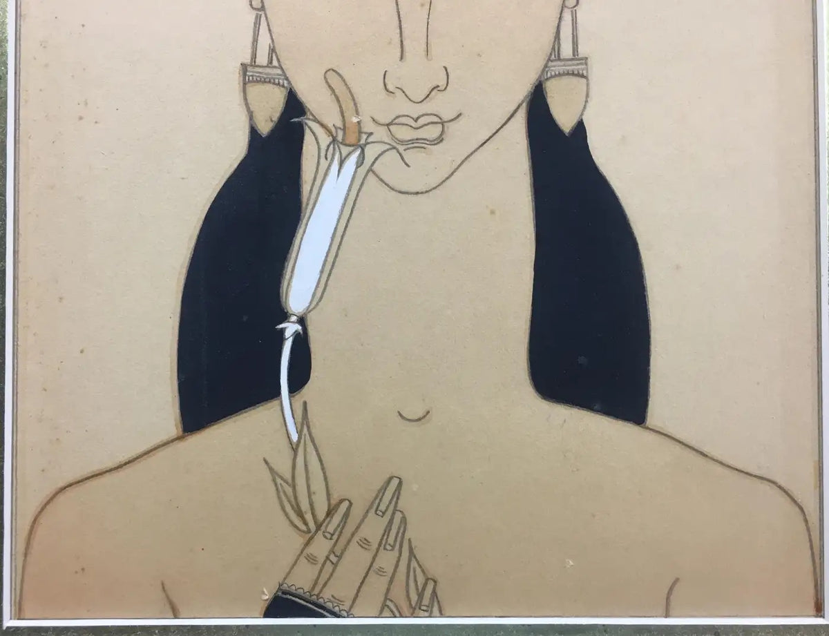 French Art Deco Watercolor of an Exotic Woman with Flower, Signed Chasquest, circa 1930 — detail 4