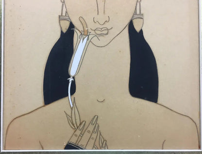 French Art Deco Watercolor of an Exotic Woman with Flower, Signed Chasquest, circa 1930 — detail 4
