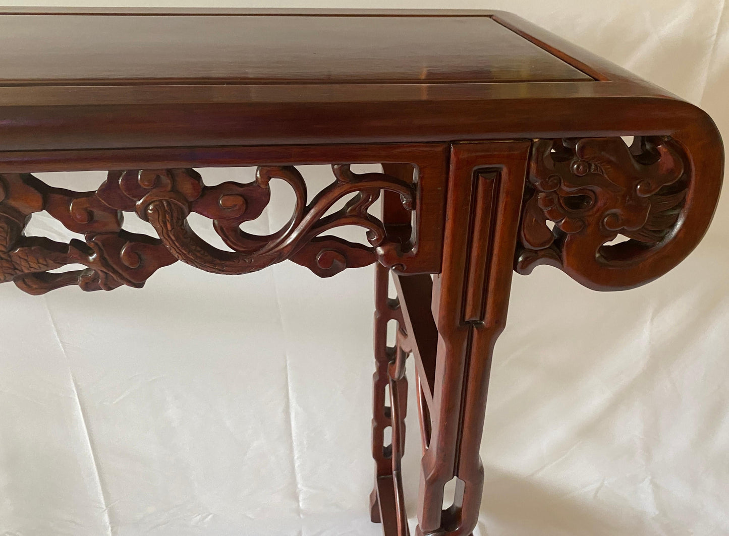 Large Chinese Hand Carved Dragon Altar Table or Rosewood Entry Table — detail 10