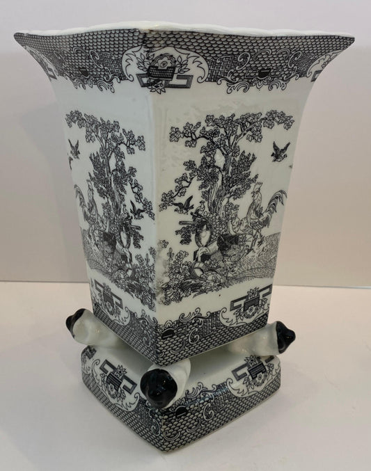 Chinese Black & White Porcelain Vase, Figural Rooster Garden Scene — detail 2