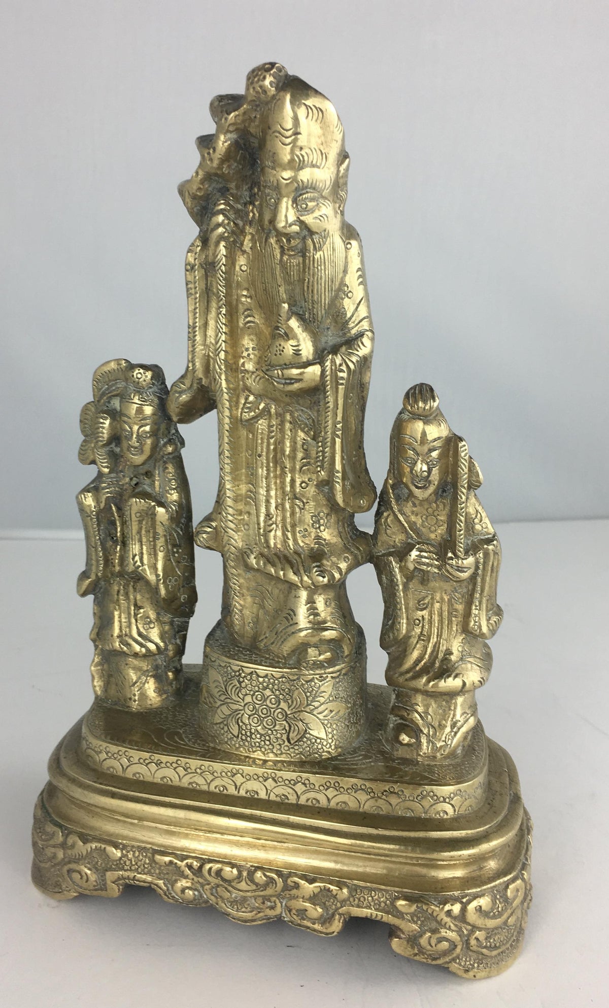 Bronze Chinese Statue of Three Figures — detail 2