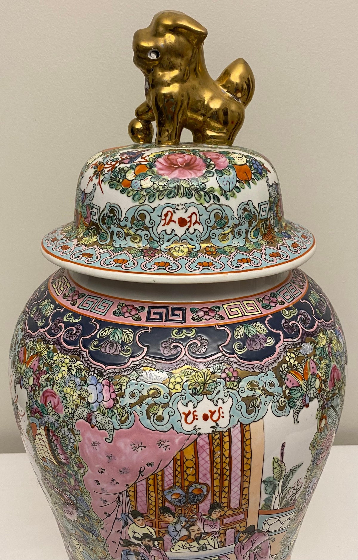 Large Famille Rose Chinese Temple Jar with Lid — detail 5