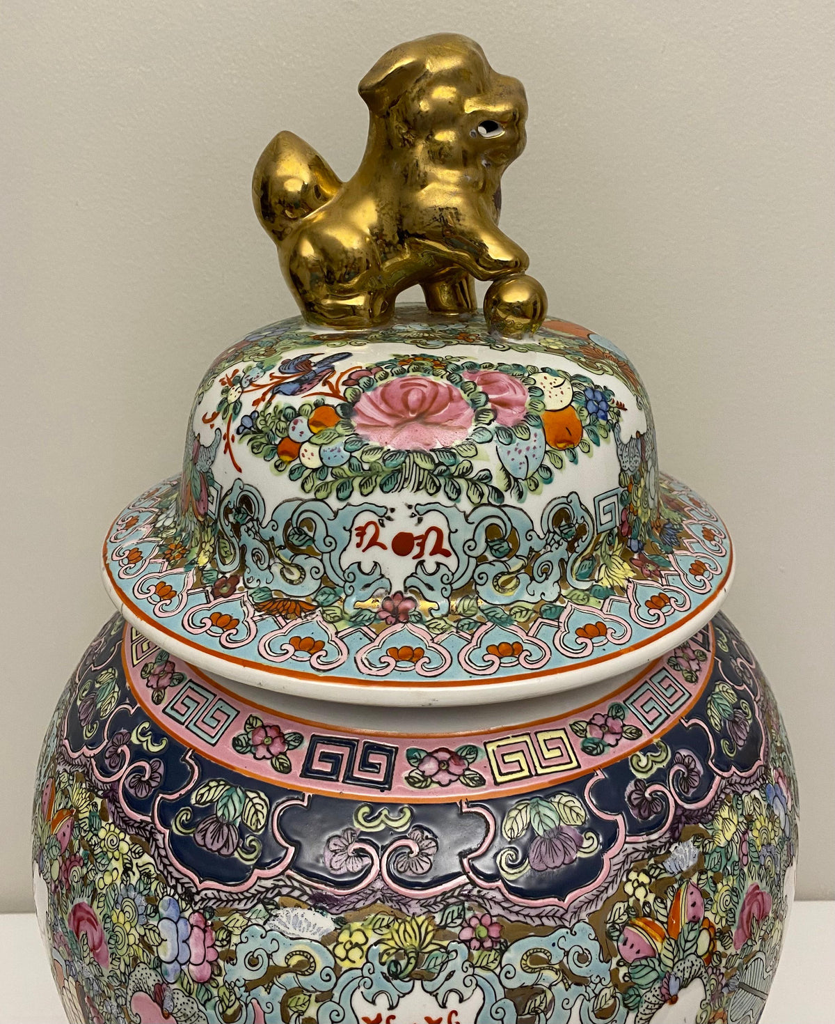 Large Famille Rose Chinese Temple Jar with Lid — detail 7
