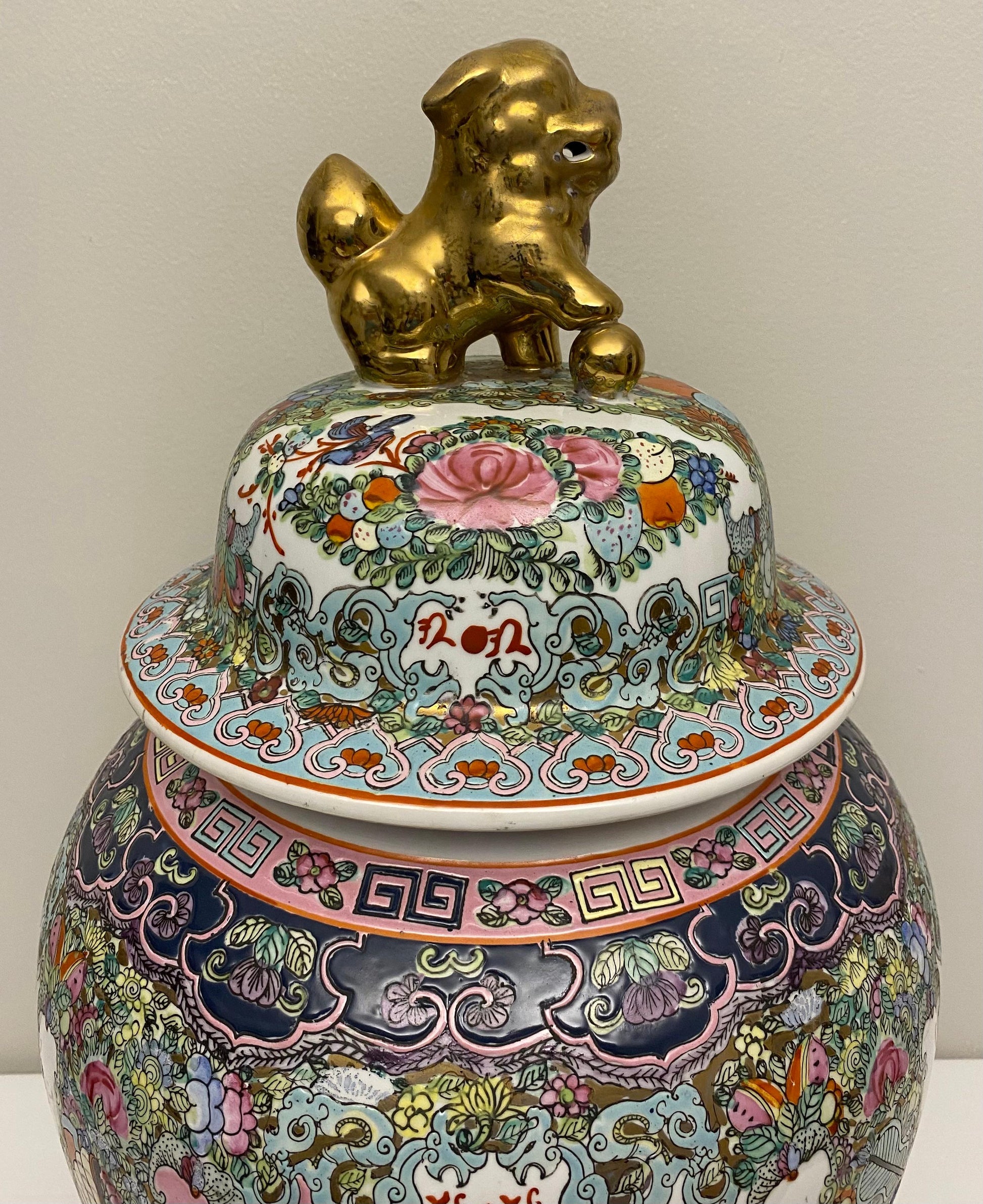 Large Famille Rose Chinese Temple Jar with Lid — detail 7