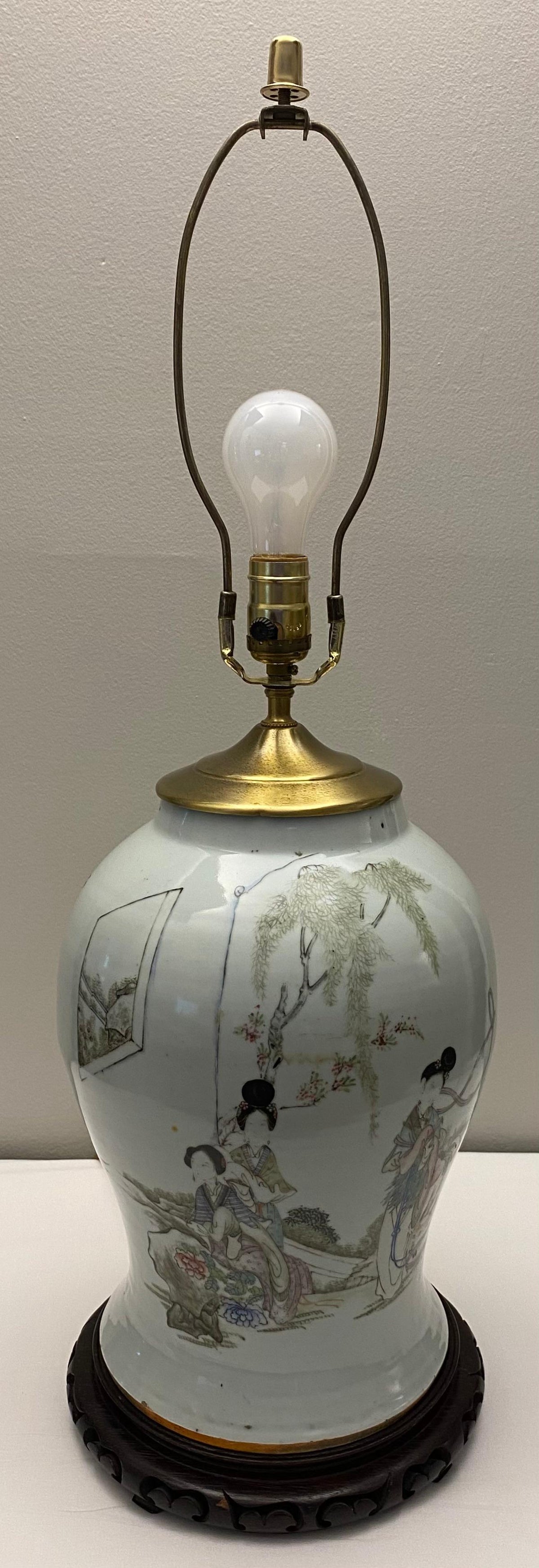 Rare Large 19th Century Chinese Porcelain Pale Blue Bulbous Vase Lamp — detail 3