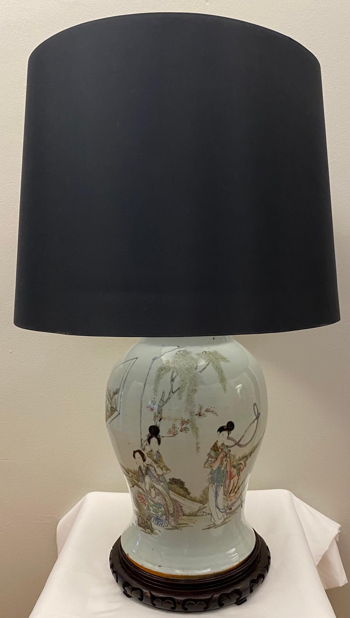 Rare Large 19th Century Chinese Porcelain Pale Blue Bulbous Vase Lamp — detail 6
