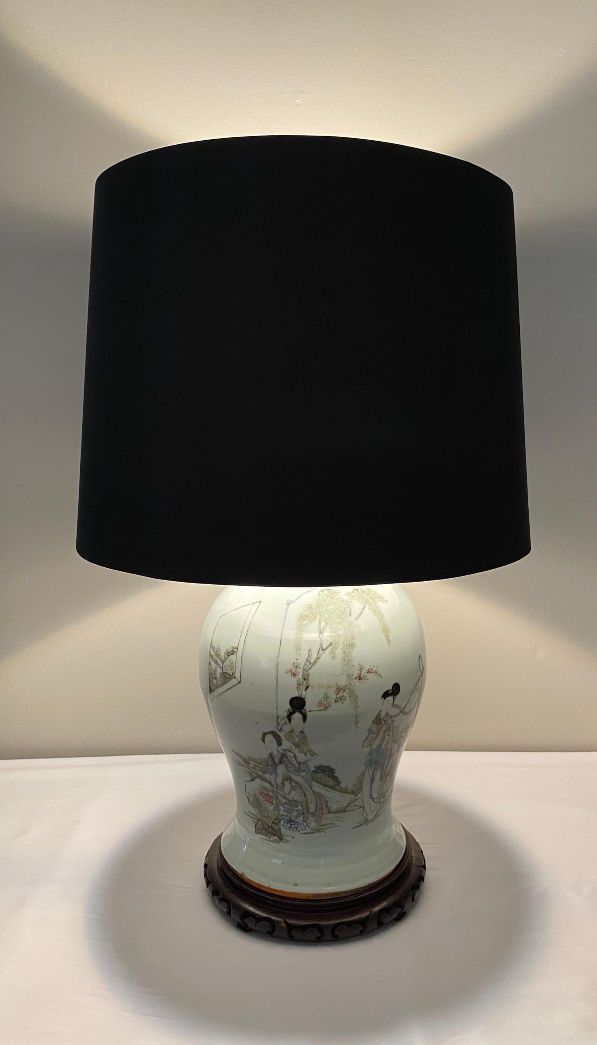 Rare Large 19th Century Chinese Porcelain Pale Blue Bulbous Vase Lamp — detail 2