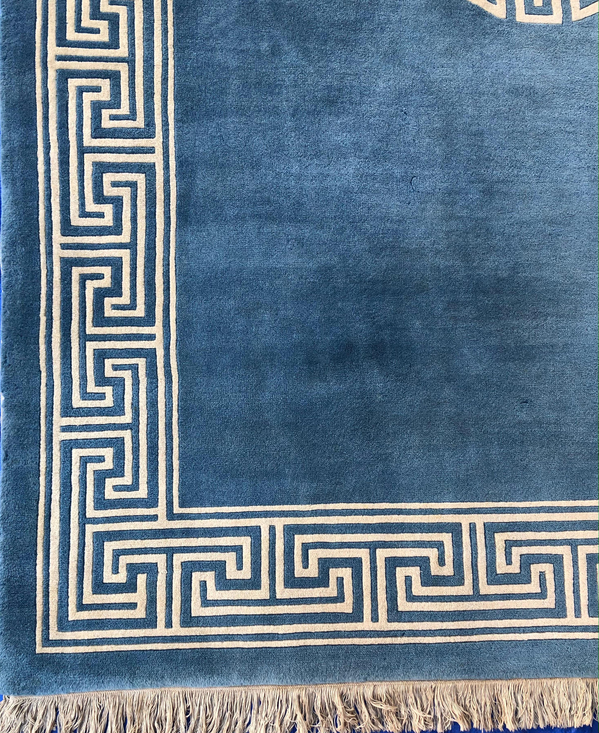 Stunning Blue and Beige Antique Collectible Ningxia or Ningshia Silk Area Rug — detail 2