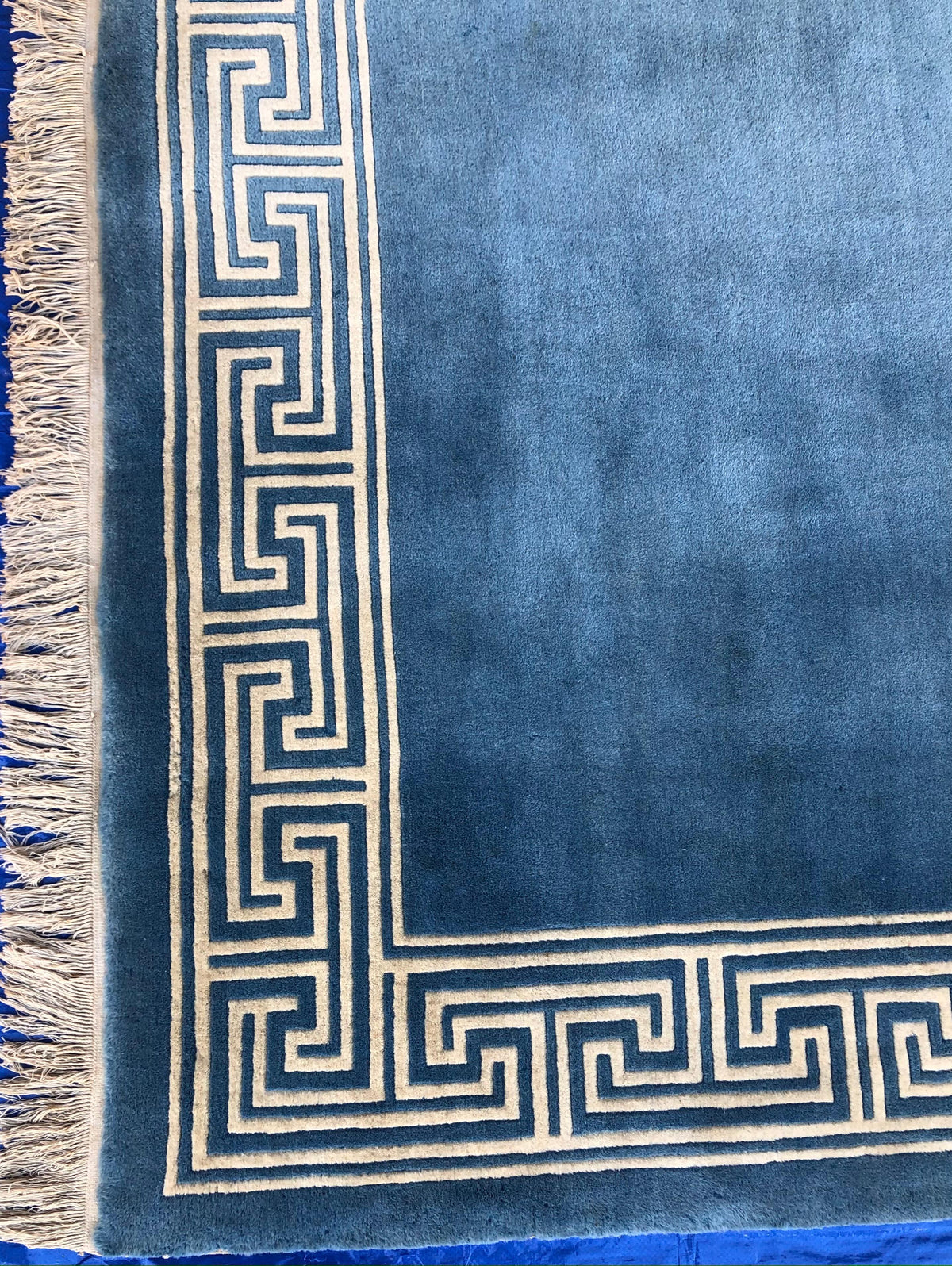 Stunning Blue and Beige Antique Collectible Ningxia or Ningshia Silk Area Rug — detail 4